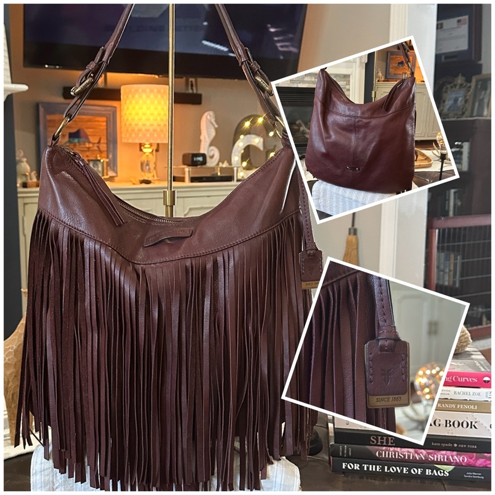 FRYE “Heidi” Fringe Hobo Shoulder Bag in Plum, Hand-Burnished Italian Leather